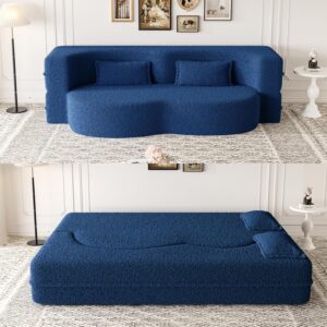 78"W Convertible Folding Sofa Bed, Teddy Full Size Futon Loveseat Sleeper Couch Bed with Pillows, Lounge Floor Sofa Folding Mattress, Compression Foam Boneless Couch for Living...