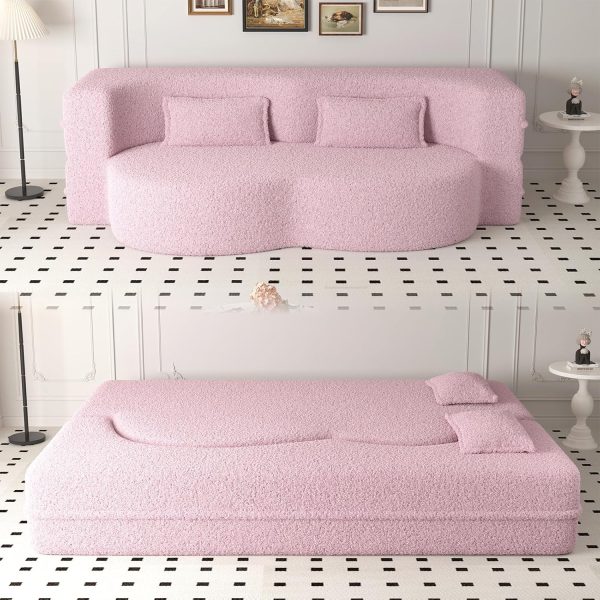 78"W Convertible Folding Sofa Bed, Teddy Full Size Futon Loveseat Sleeper Couch Bed with Pillows, Lounge Floor Sofa Folding Mattress, Compression Foam Boneless Couch for Living...