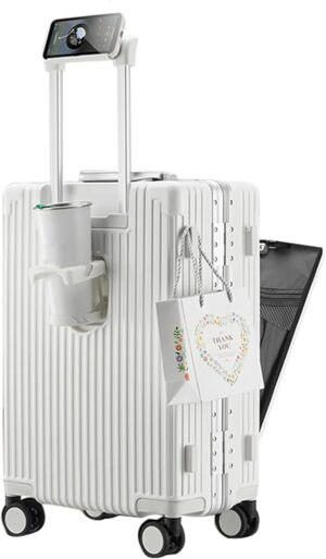 feilario Hardside Expandable Spinner Wheel Luggage, TSA Lock Carry on Suitcase, with Cup Holder & Phone Holder, 24in Sizes, White