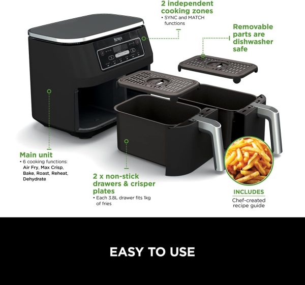 Ninja Foodi Dual Zone Digital Air Fryer, 2 Drawers, 7.6L, 6-in-1, Uses No Oil, Air Fry, Max Crisp, Roast, Bake, Reheat, Dehydrate, Cooks 4-6 Portions, Non-Stick, Dishwasher Safe...