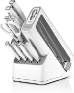 Ninja Foodi NeverDull Knife Set K12010, High Carbon Stainless Steel, Built-In Sharpener, Ergonomic Handle, Durable 10pc Kitchen Knife Block Set (White)