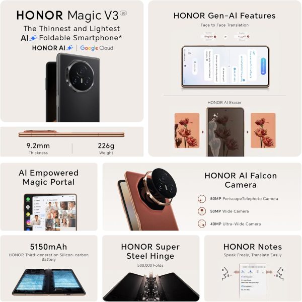 Summer Final Clearance Just AED 89د.إ:Honor Magic V3 5G Smartphone, 12GB RAM + 512GB ROM, Dual Sim, With Free Gifts & Screen Damage Protection - Middle East Version