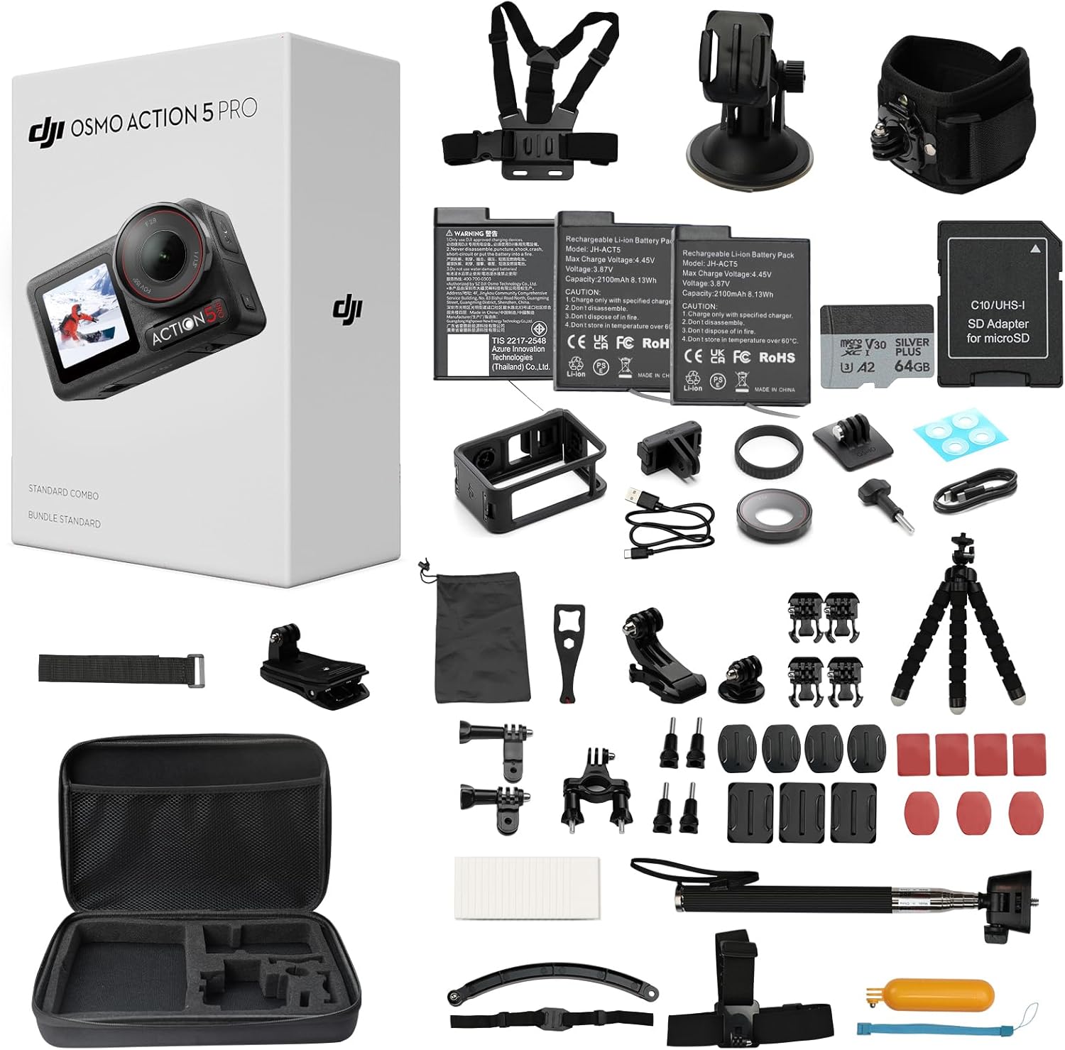 While Stocks Last:DJI Osmo Action 5 Pro Standard Combo,with 58 Piece Accessory Kit and 2 Extra Batteries + 64GB Card - Waterproof Action Camera with 1/1.3" Sensor, 4K/120fps...