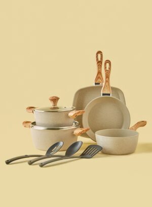 10-Piece Aluminium Pots And Pans Non-Stick Surface Wood Finish Handles Tempered Glass Lids PFOA Free Frying Pan, Casserole With Lid, Saucepan, Grill Pan, Kitchen Tools Beige